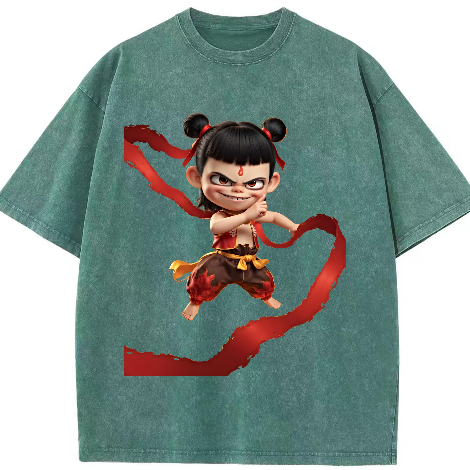 （画像用） Ne Zha 2 ナタ 魔童の大暴れ 綿100% ヴィンテージ風 半袖Tシャツ（フロントプリント）